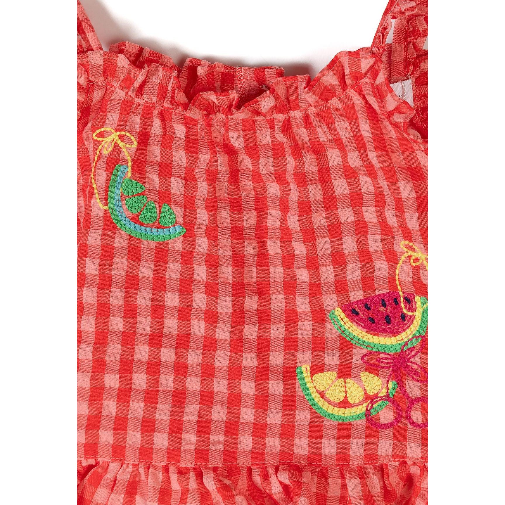 Detailed close-up showing colourful embroidered fruit designs including watermelon and other fruits on red gingham fabric