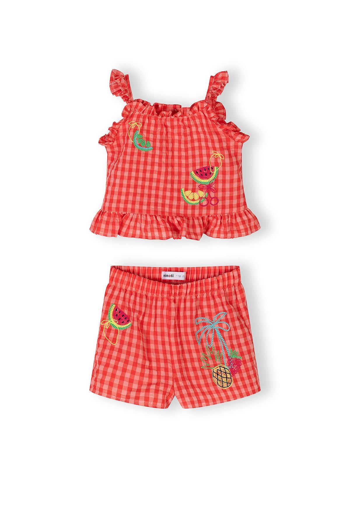 Shorts Set Gingham, Fruit Embroidery, Red - 2