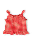 Red gingham sleeveless top with ruffle details and button accents, kids summer fashion design.