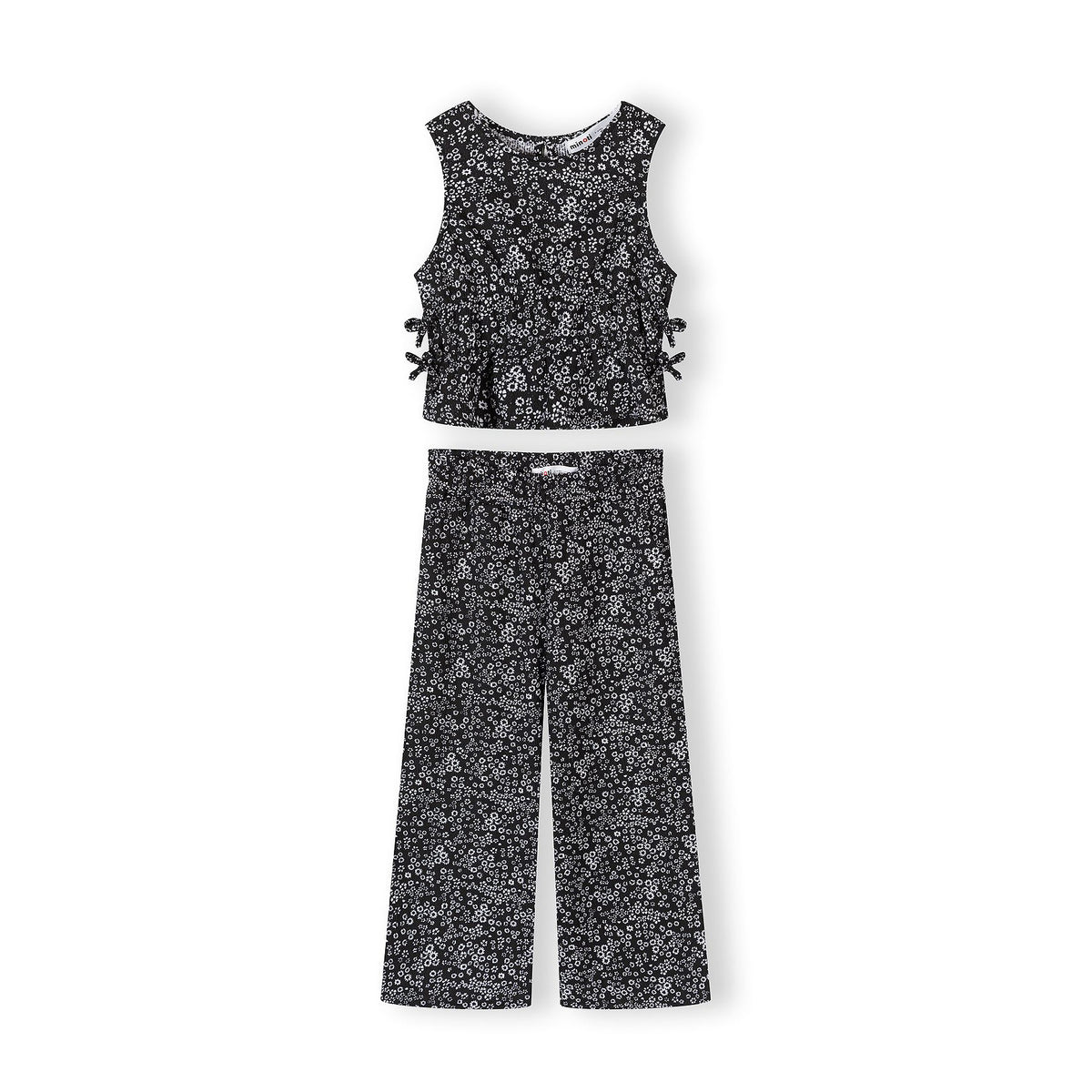 Girls' floral top and wide leg trousers set in black and white — complete product view for square Shop card