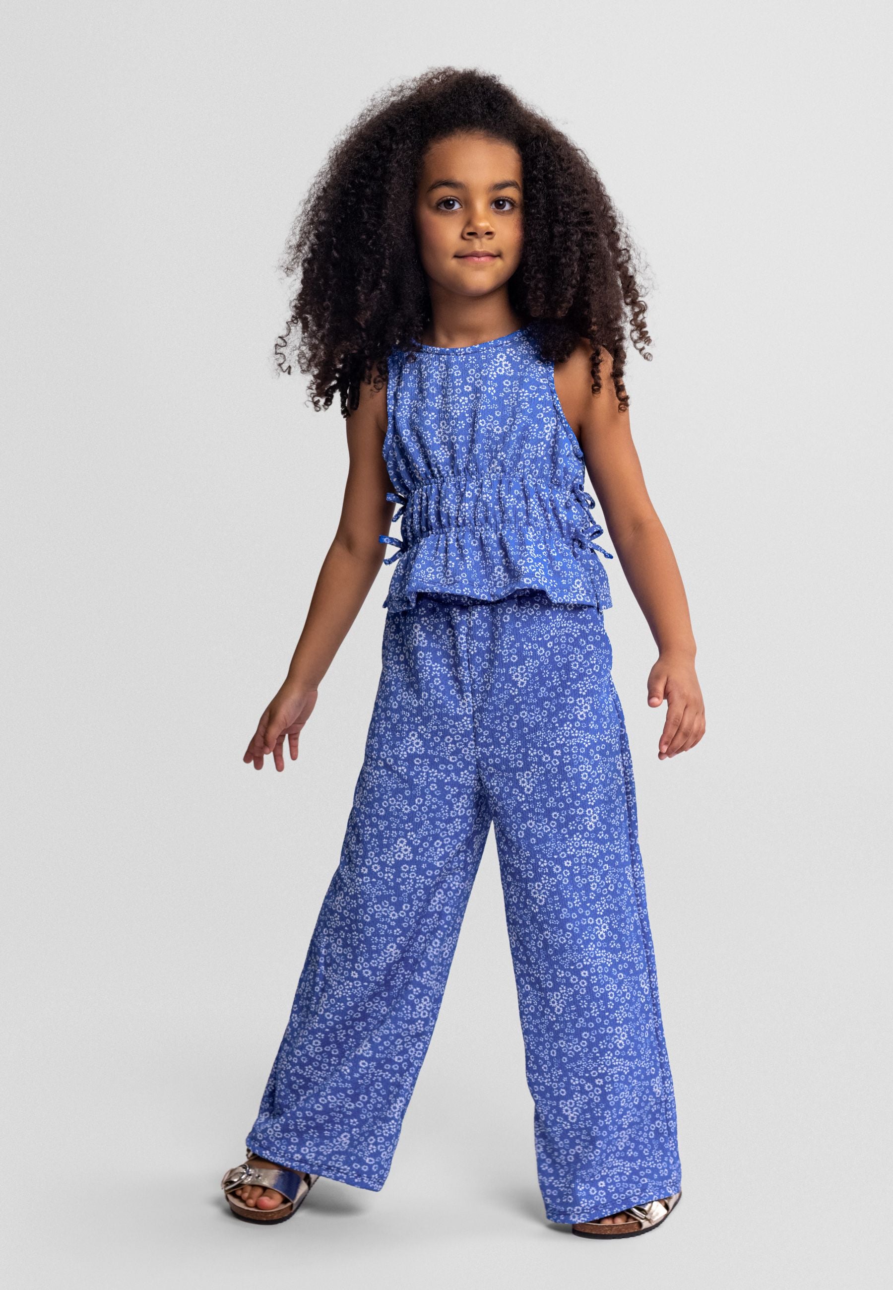 Jersey Top and Wide-Leg Trousers Set, Floral, Blue - 1
