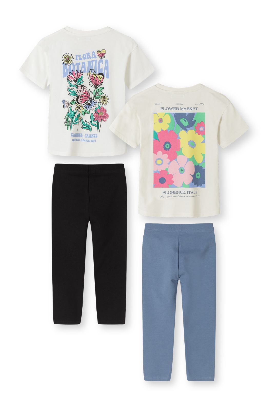 T-Shirt & Leggings 2-Pack, Botanical Print, Cream Black Blue - 2