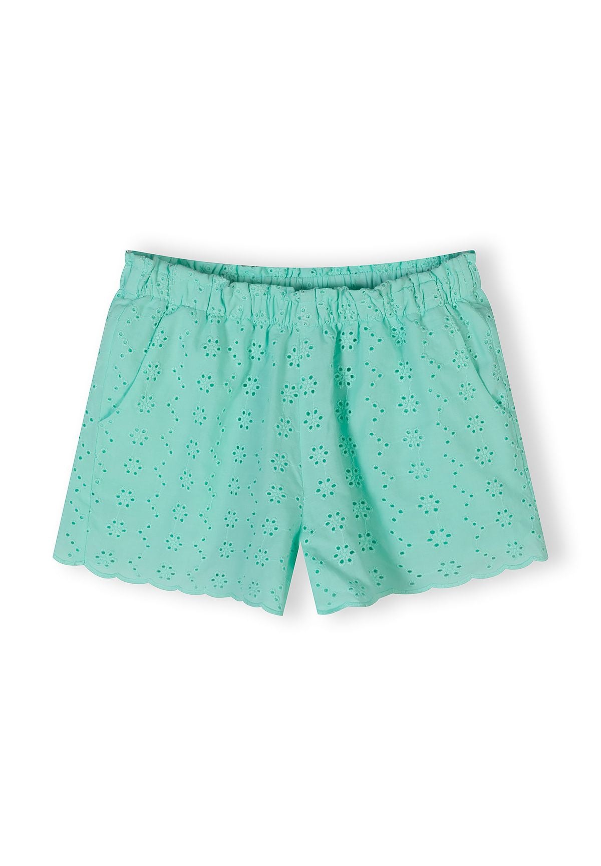 Close-up detail of mint green fabric showing delicate broderie anglaise embroidery pattern with small circular cutout designs