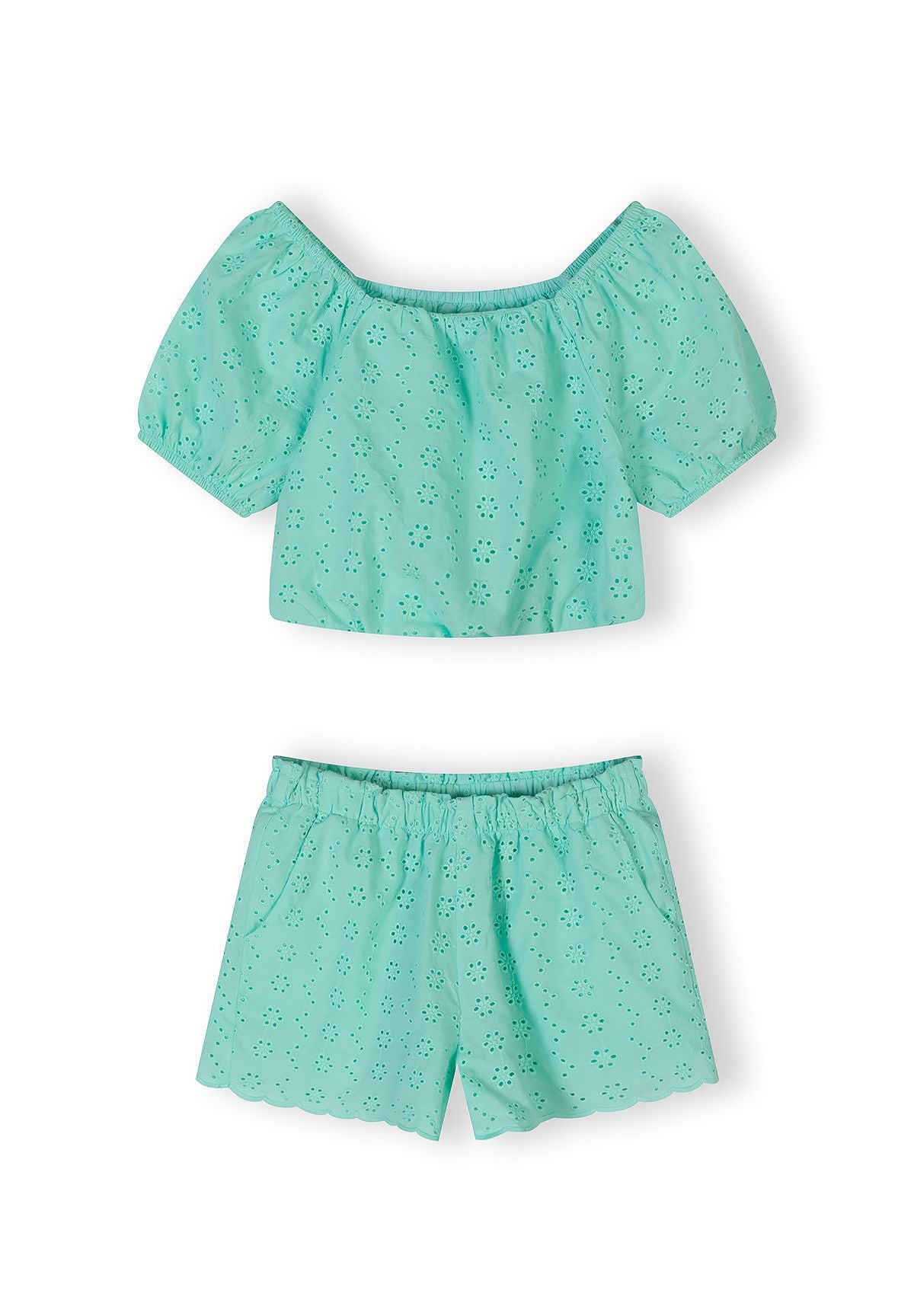 Close-up detail of mint green fabric showing delicate broderie anglaise embroidery pattern with small circular cutout designs