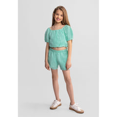 Girls' broderie top and shorts set in mint green