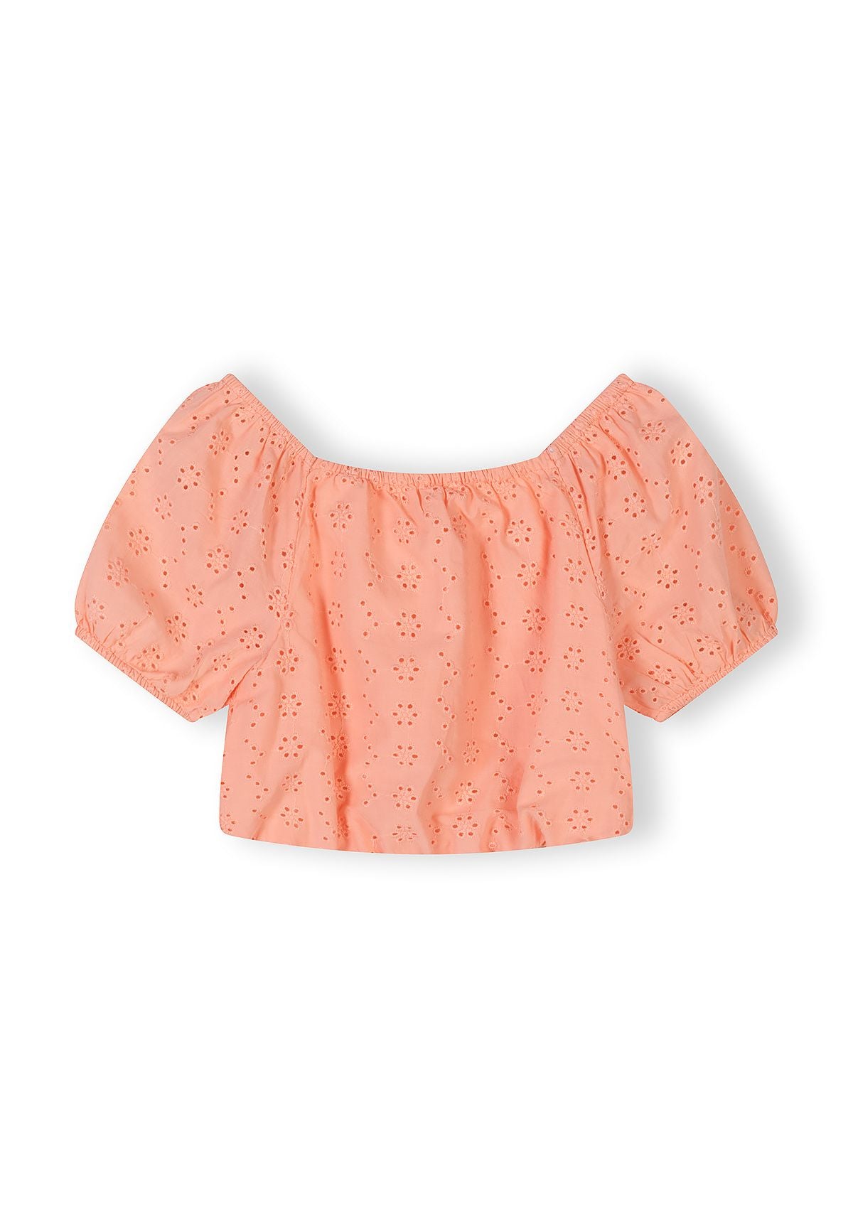 Apricot cotton broderie crop top with off-shoulder design and short puffed sleeves, showing delicate eyelet embroidery pattern, flat lay on white background