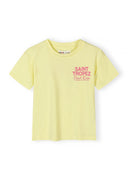 Yellow girls t-shirt with pink Saint Tropez lettering, featuring a simple and stylish design for kids and baby fashion.