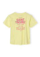 Back view of a yellow girls t-shirt with pink Saint Tropez graphic design for kids fashion.