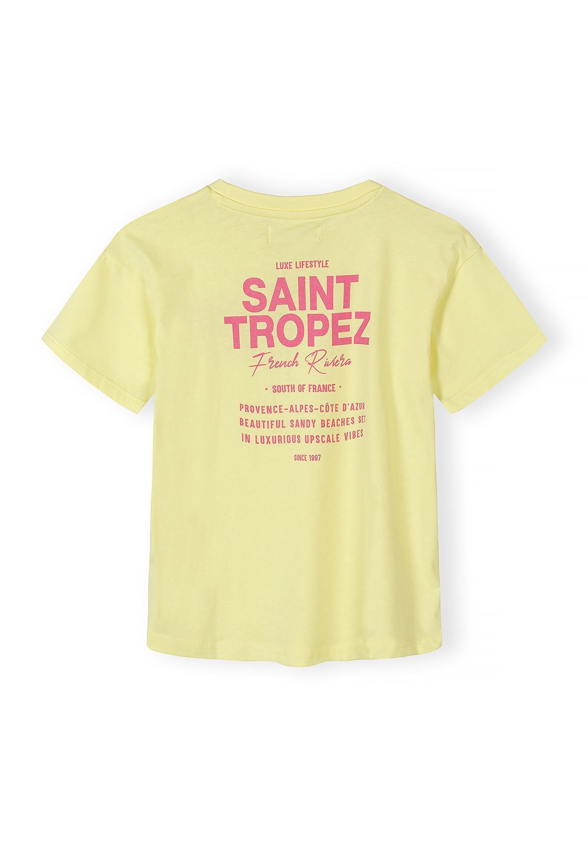 Yellow, pink, teal and light pink t-shirt and shorts sets, yellow T-shirt back.