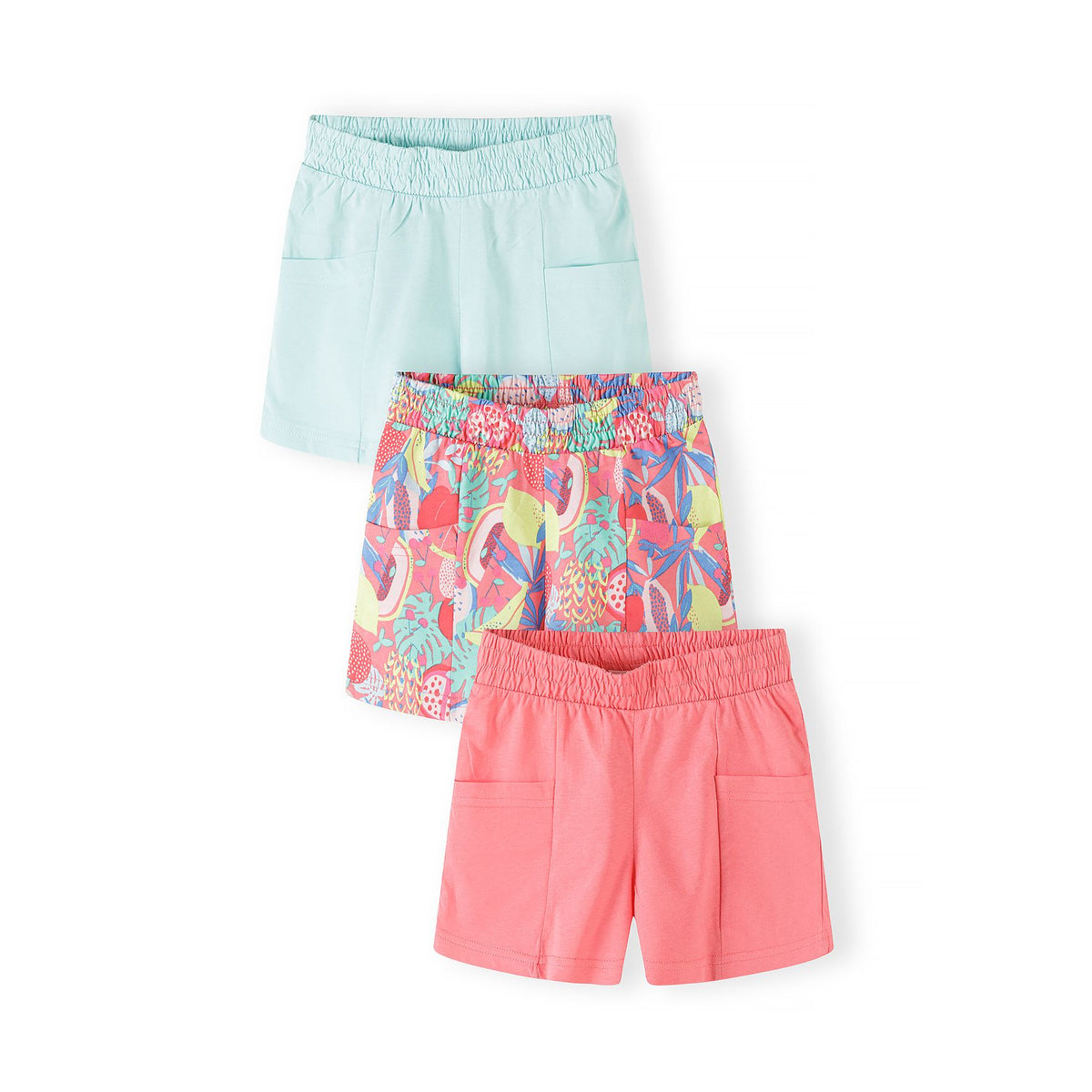 Girls' jersey shorts 3-pack in mint, coral and multicolour — complete product view for square Shop card