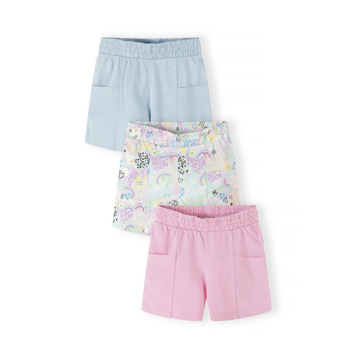 Girls' jersey shorts 3-pack in light blue, pink and pastel multicolour — complete product view for square Shop card