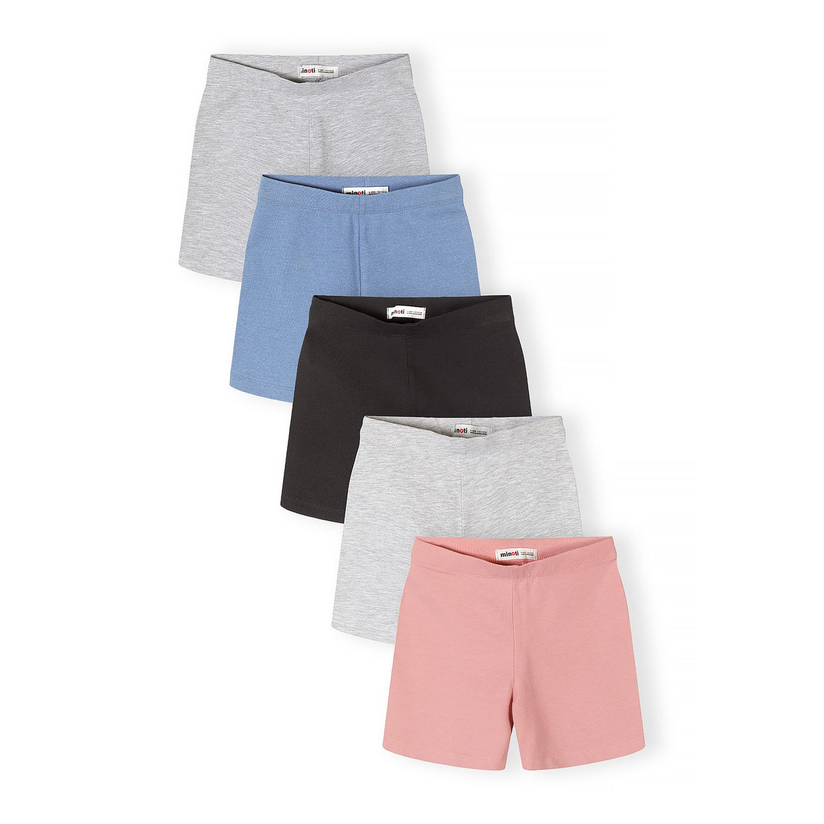 Girls' cycling shorts 5-pack in grey marl, blue, black and pink — complete product view for square Shop card