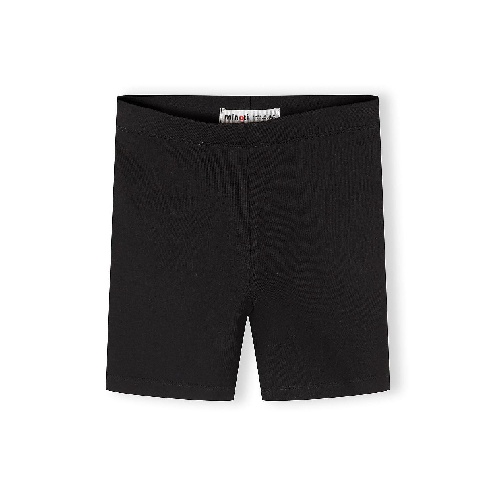 Single black cycling shorts laid flat showing full length and elasticated waistband on white background