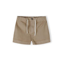Single beige twill shorts with white drawstring ties and button fastening, shown flat on white background with rolled cuffs visible