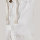 Close-up detail of white twill shorts showing button fastening, drawstring ties and fabric texture against neutral background