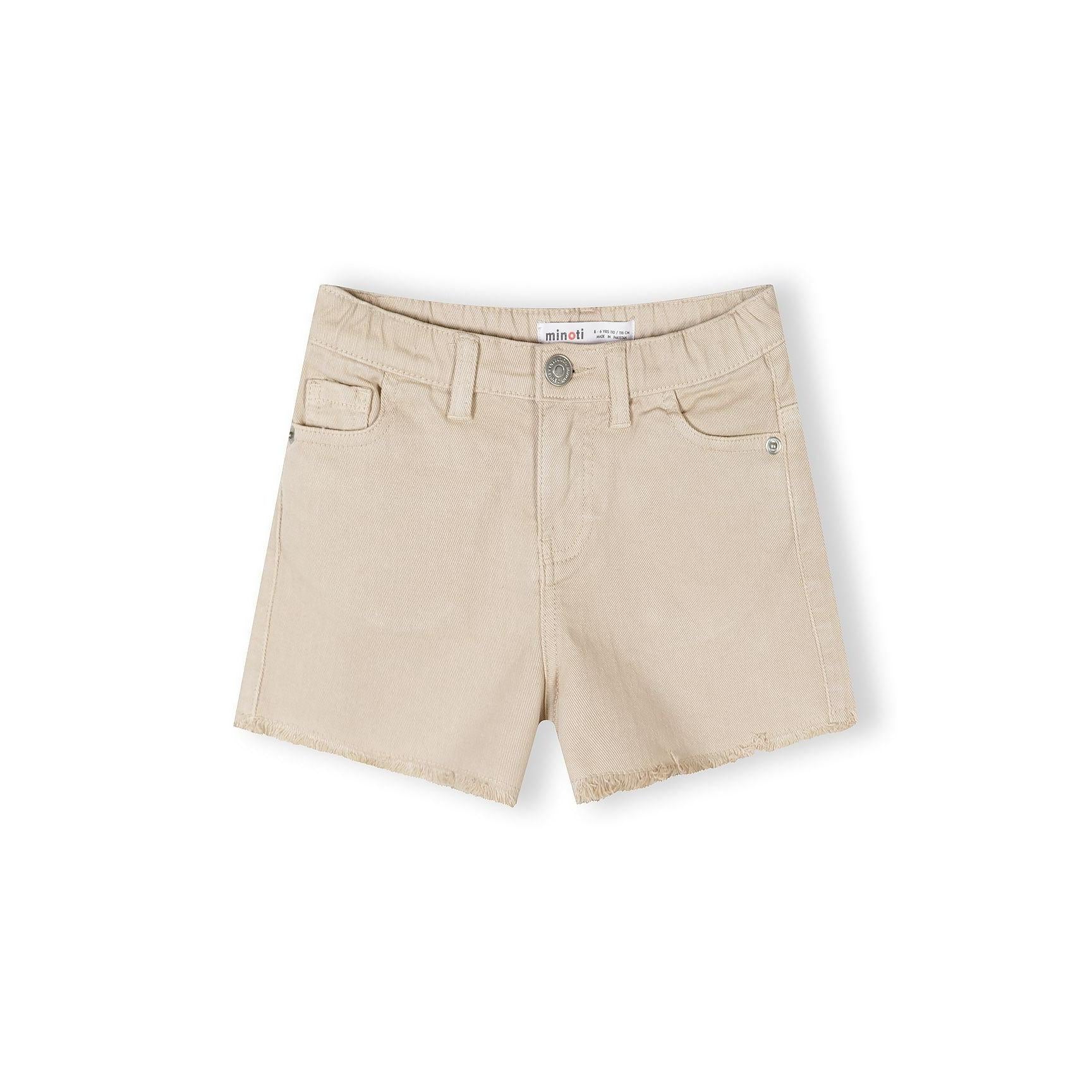 Single beige cotton twill shorts laid flat showing front view with classic denim-style pockets, button closure, and frayed hem detail on white background