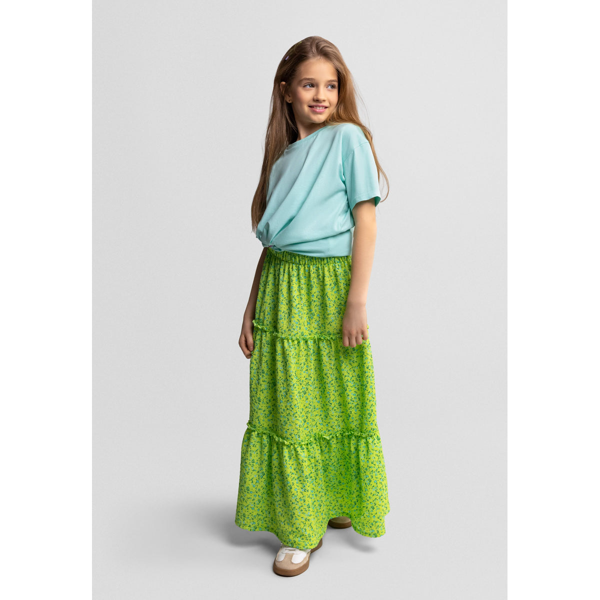 Girls' tiered maxi skirt in lime green — complete product view for square Shop card