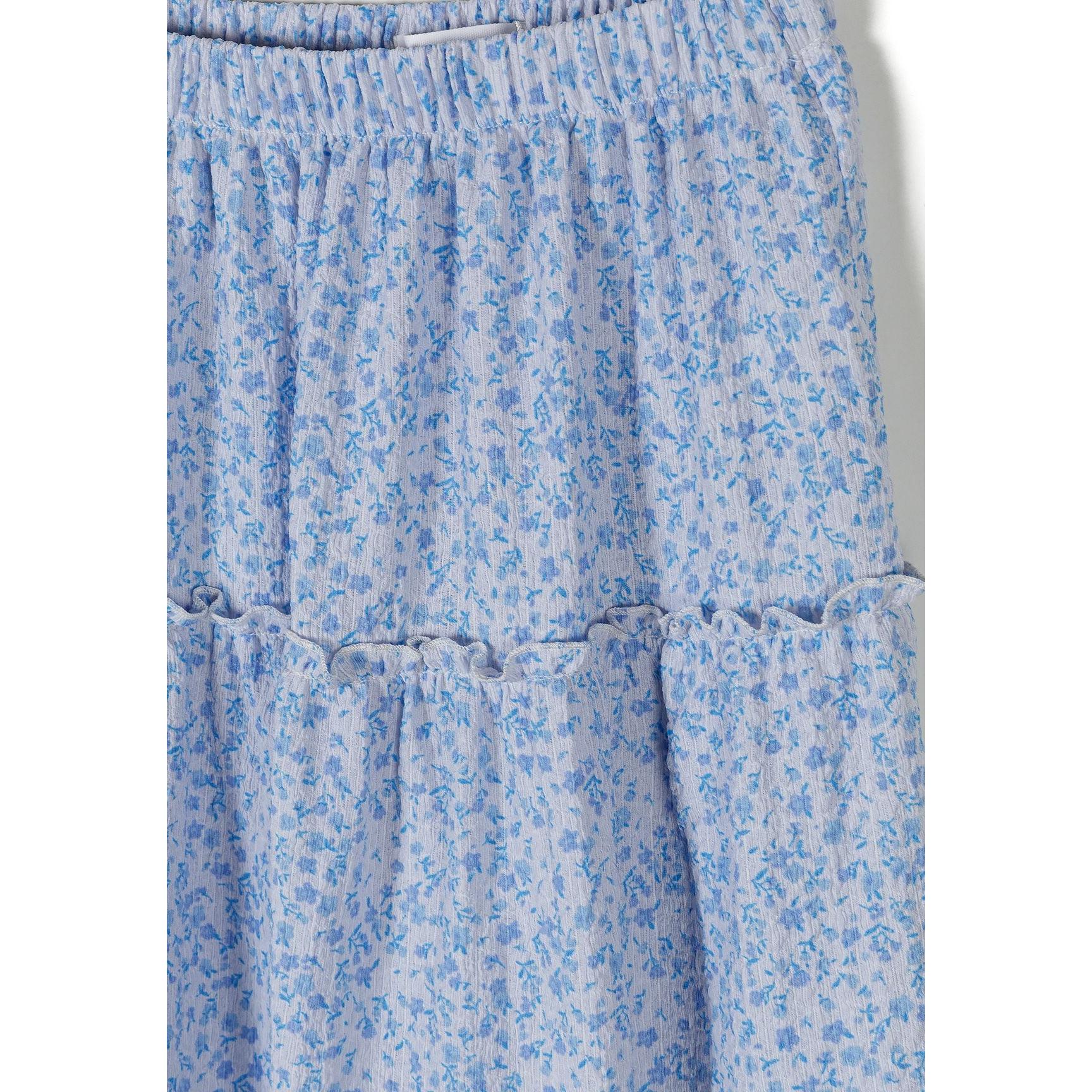 Close-up detail of blue floral fabric pattern and tiered construction of maxi skirt