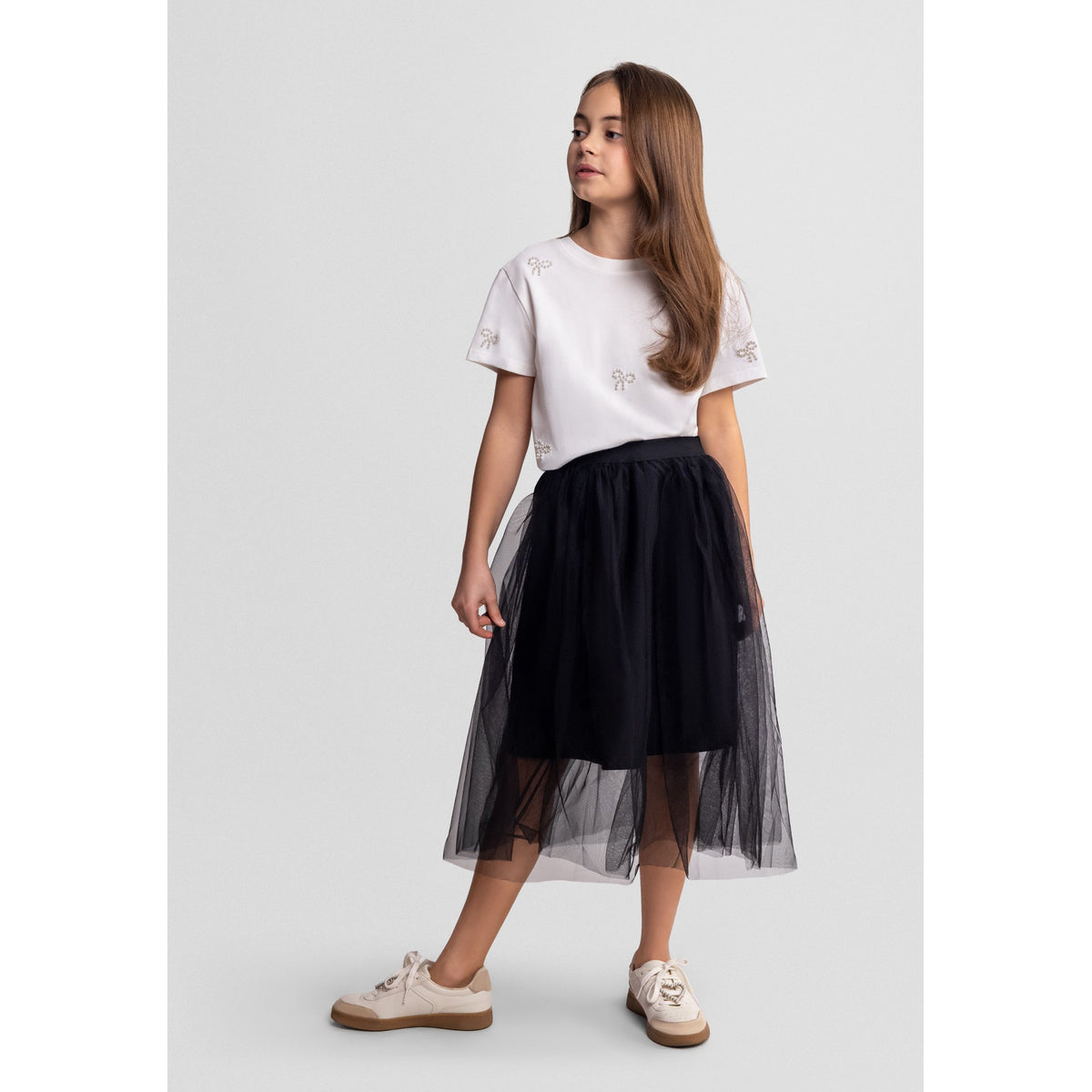 Girls' tulle midi skirt in black — complete product view for square Shop card