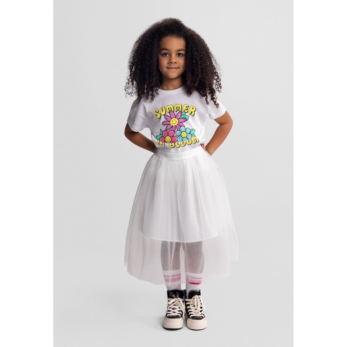 Girls' tulle midi skirt in cream — complete product view for square Shop card