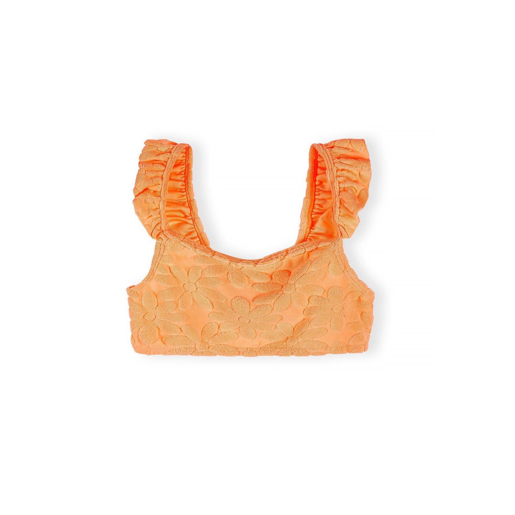 Close-up view of neon orange bikini top with floral jacquard pattern and decorative frill trim on shoulder straps against white background