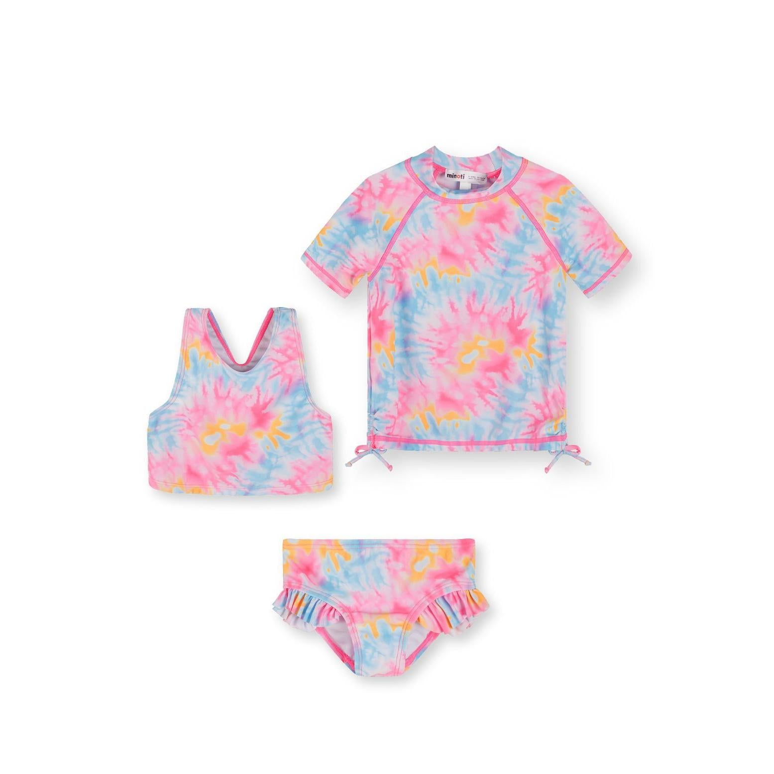 Pink and blue tie-dye rash vest set displayed flat on white background showing all three pieces - sleeveless vest, short sleeve top with side ties, and ruffled bikini bottom