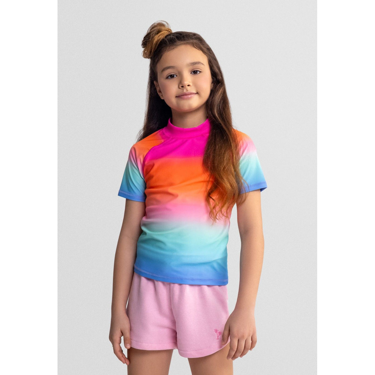 Girls' rash vests 2-pack in bright pink and rainbow — complete product view for square Shop card