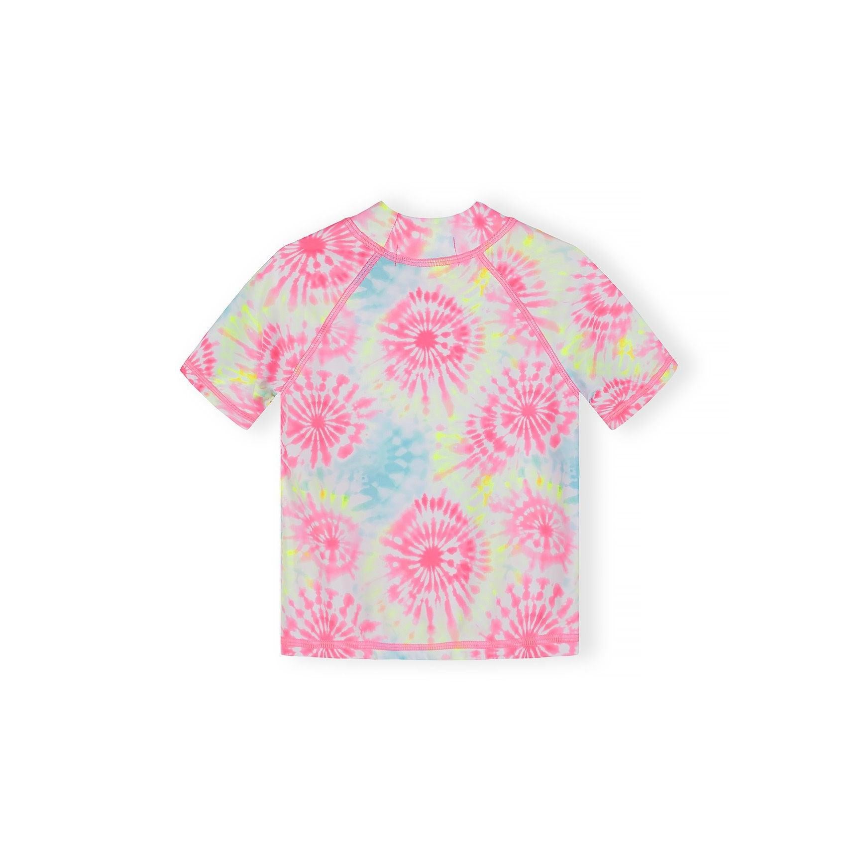 Back view of multicoloured tie-dye swim t-shirt laid flat showing pink, blue, yellow and green spiral patterns on white background