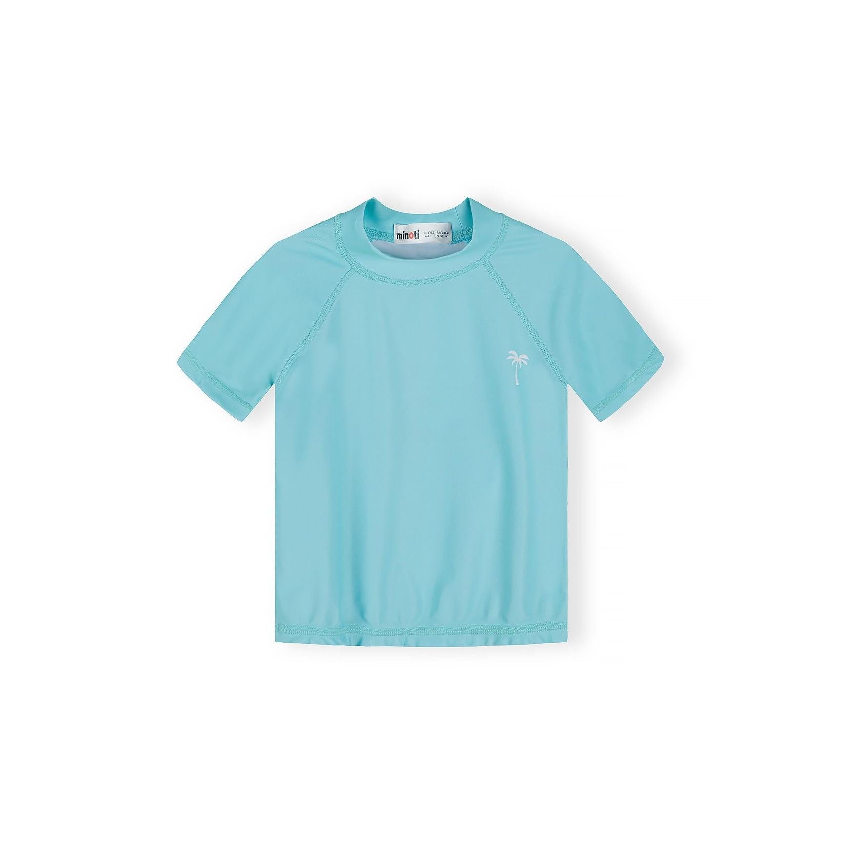 Close-up detail of aqua blue swim t-shirt showing small white palm tree embroidered logo on chest area