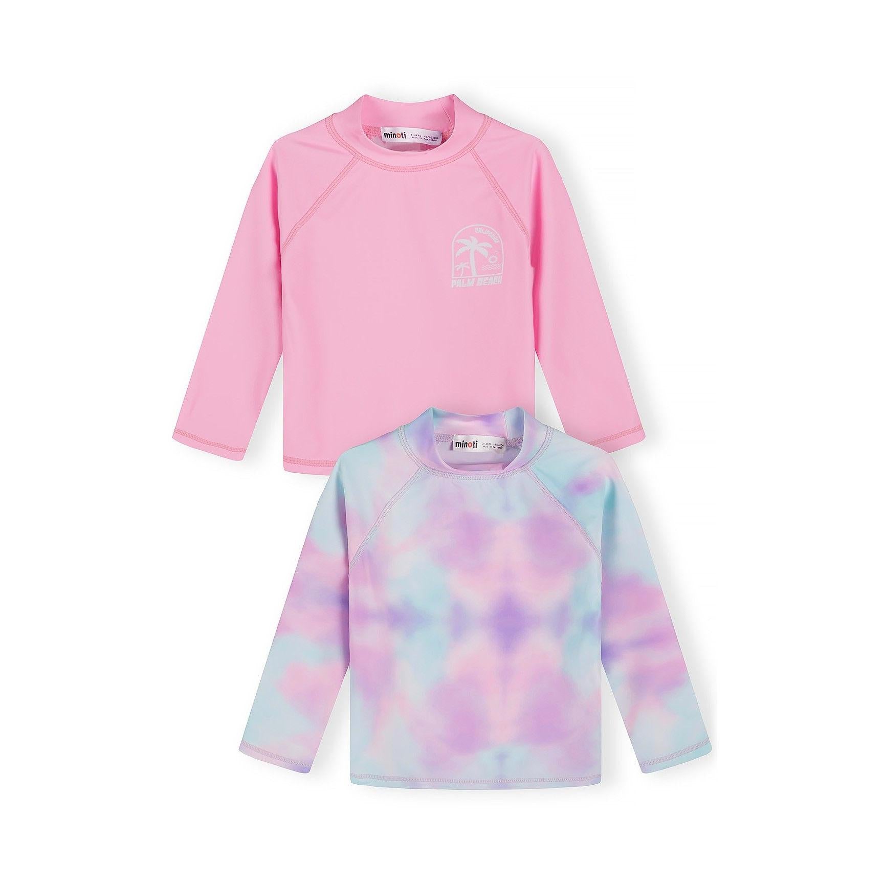 Close-up detail of pastel tie-dye fabric texture showing pink, purple and mint color blend in swim t-shirt material