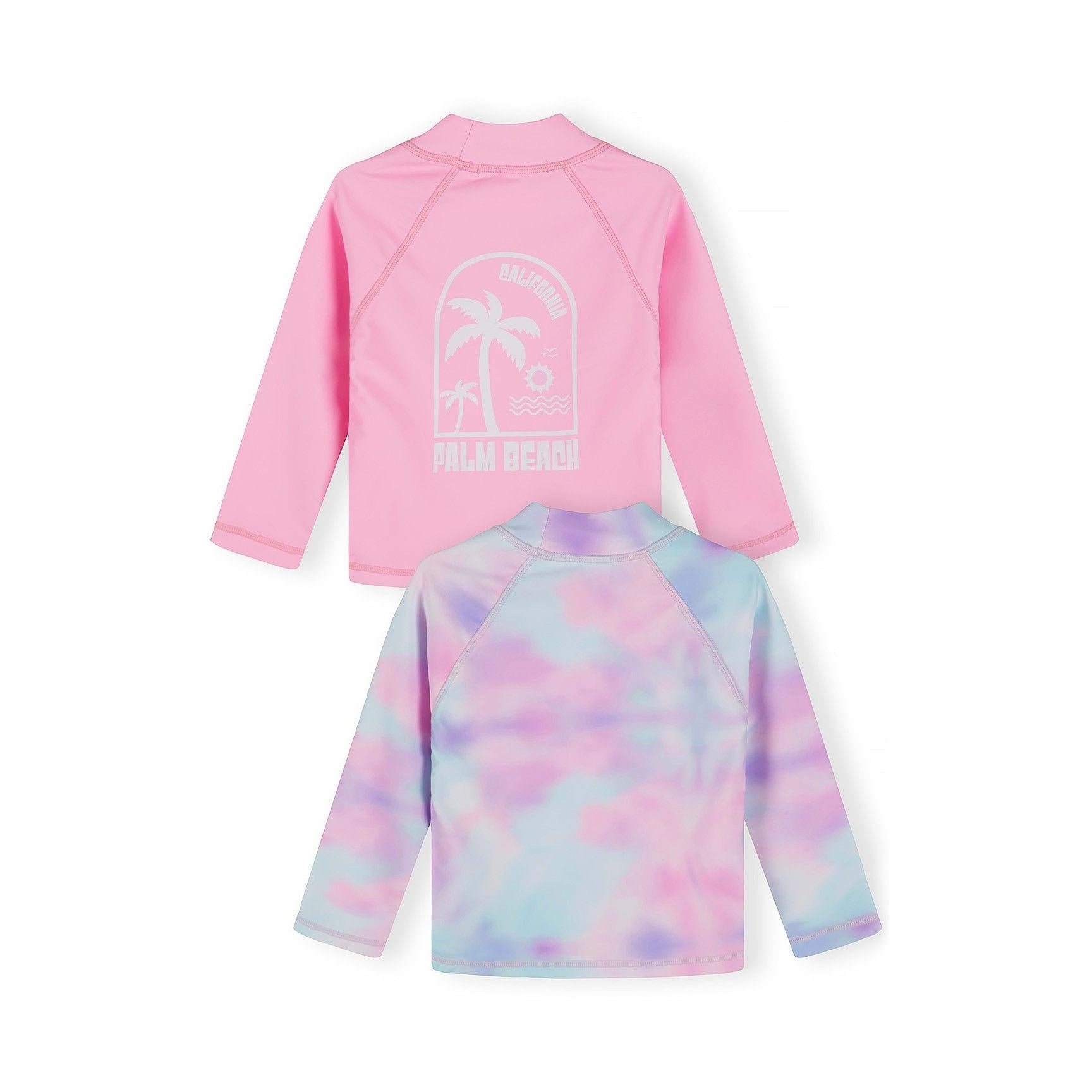 Close-up detail of pastel tie-dye fabric texture showing pink, purple and mint color blend in swim t-shirt material