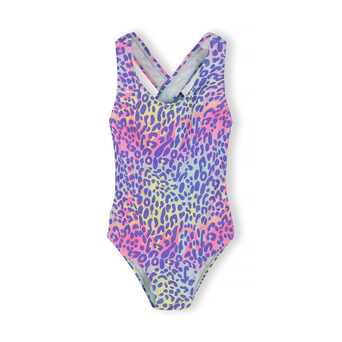 Girls' cross-back swimsuit in purple, pink and yellow — complete product view for square Shop card