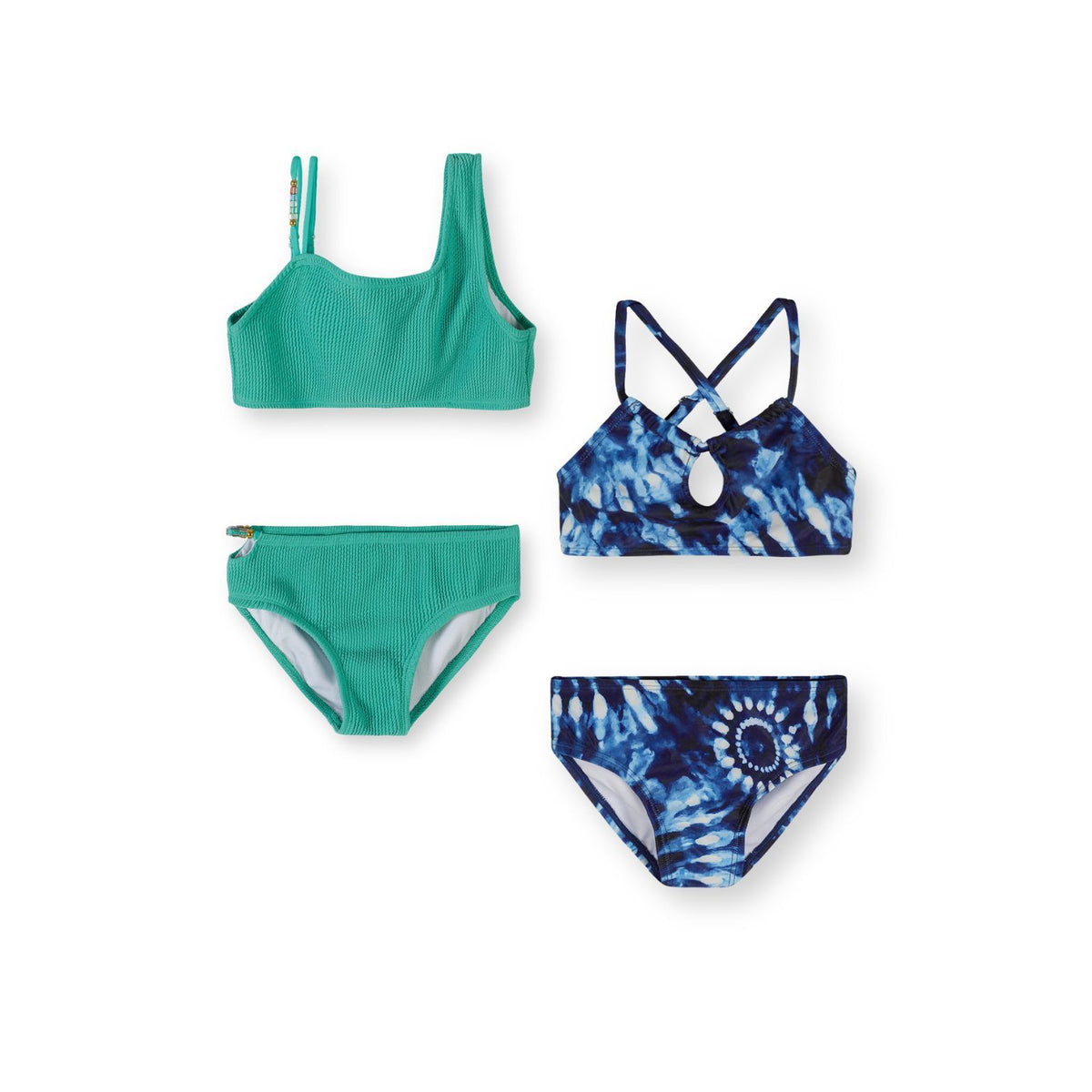 Girls' bikinis 2-pack in green and navy blue — complete product view for square Shop card