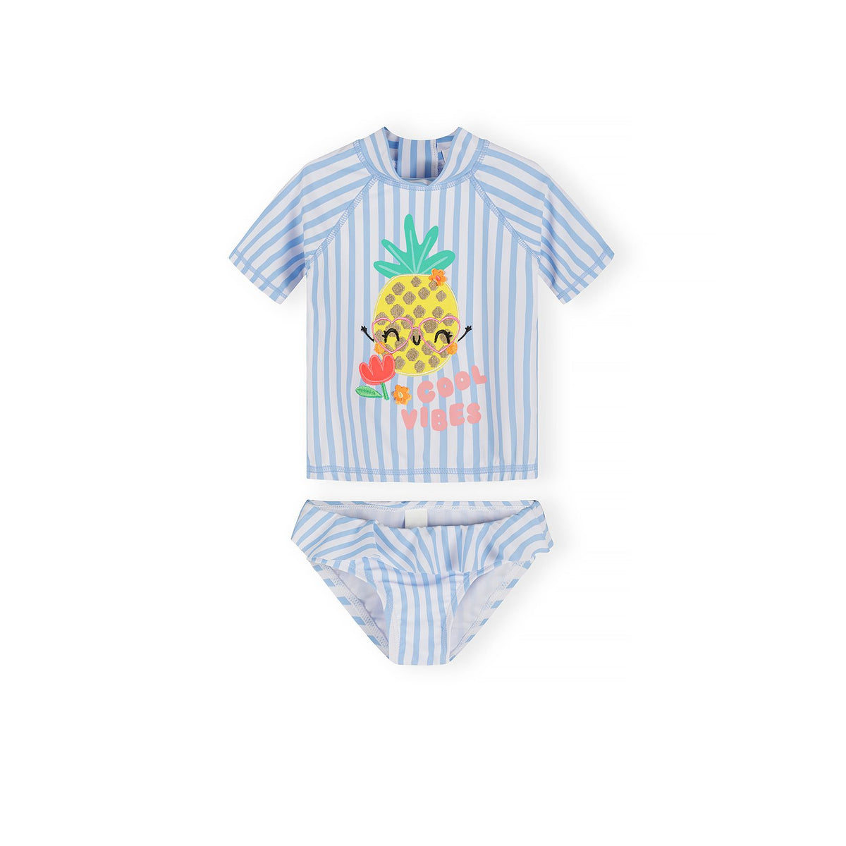 Girls' rash vest and bikini bottoms set in light blue and white — complete product view for square Shop card