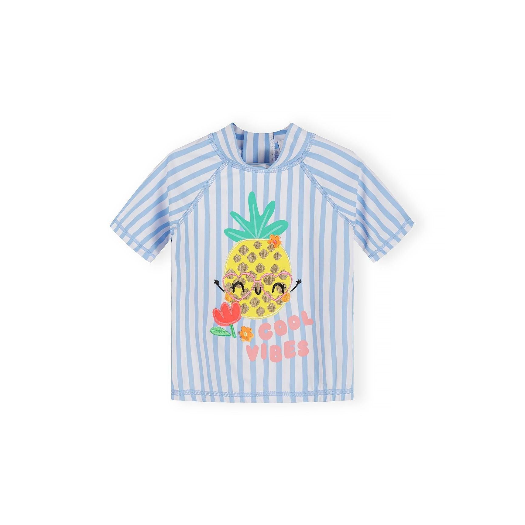 Blue and white striped rash vest set with pineapple character wearing heart-shaped sunglasses, showing UPF 50+ care label and Minoti branding tag