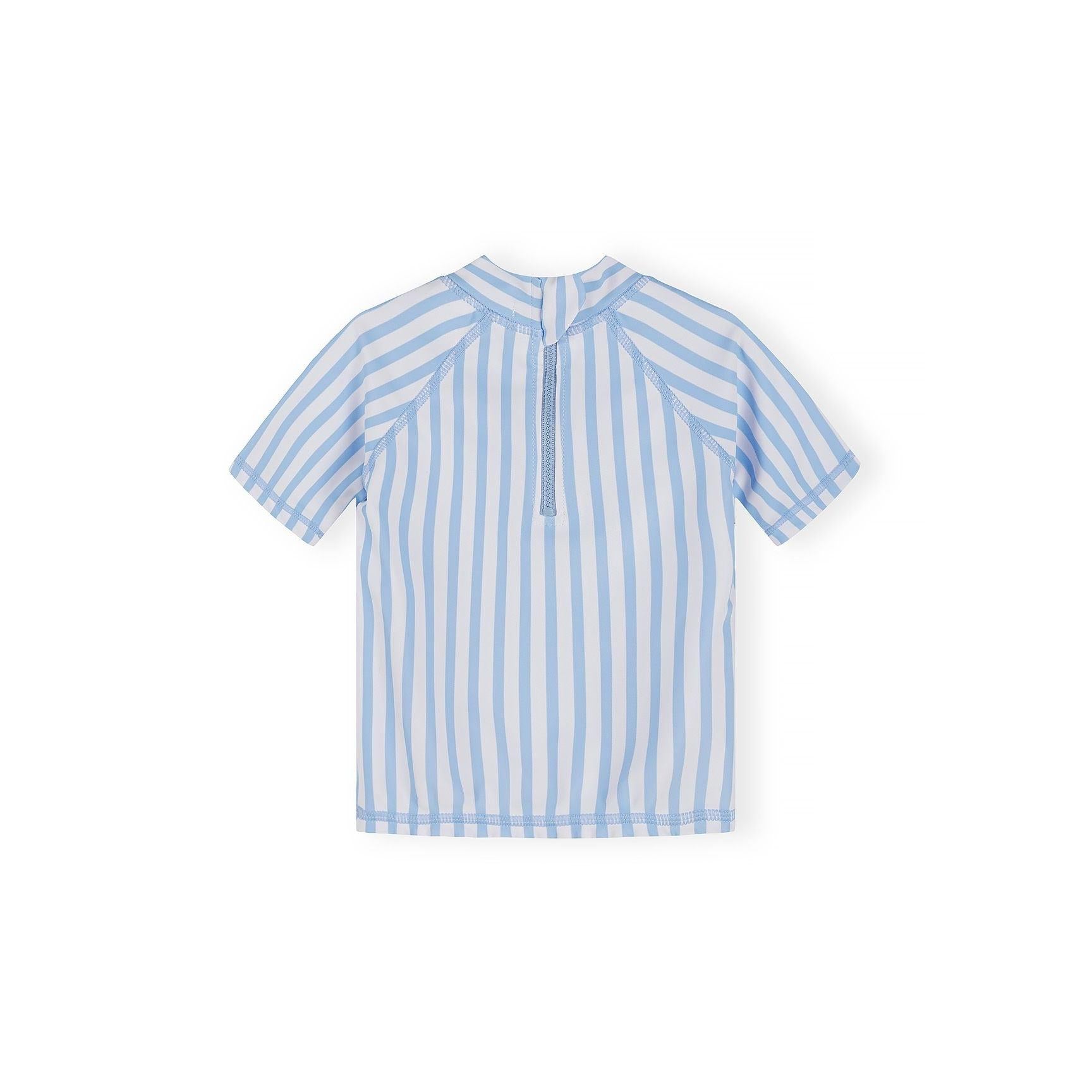 Blue and white striped rash vest set with pineapple character wearing heart-shaped sunglasses, showing UPF 50+ care label and Minoti branding tag