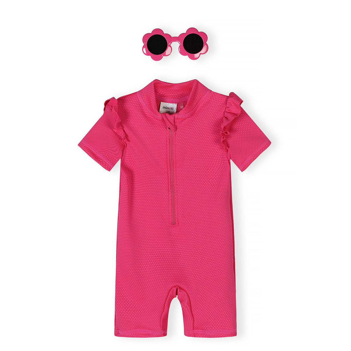 Girls' sunsuit and sunglasses set in bright pink — complete product view for square Shop card