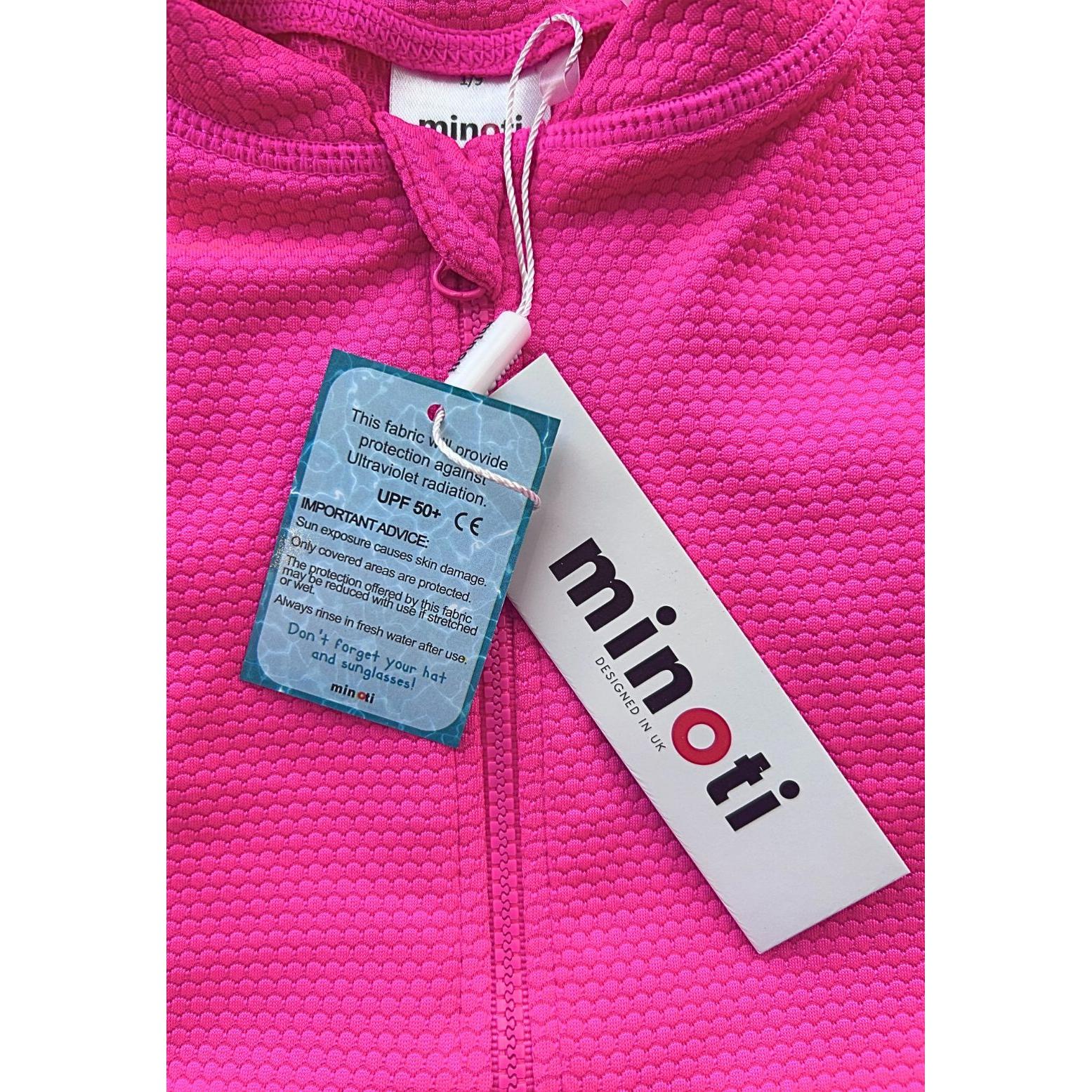 Pink textured rash suit back view showing ruffle sleeves and round neckline on white background
