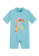 Girls two-piece turquoise tucan swimsuit with sun hat 3m-7y