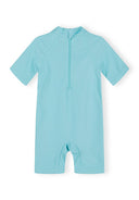 Turquoise short-sleeve one-piece swimsuit with back zipper, designed for kids’ sun protection and comfort.