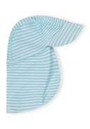 Turquoise and white striped sun hat with neck flap, designed for kids, offers stylish sun protection with a unique design.