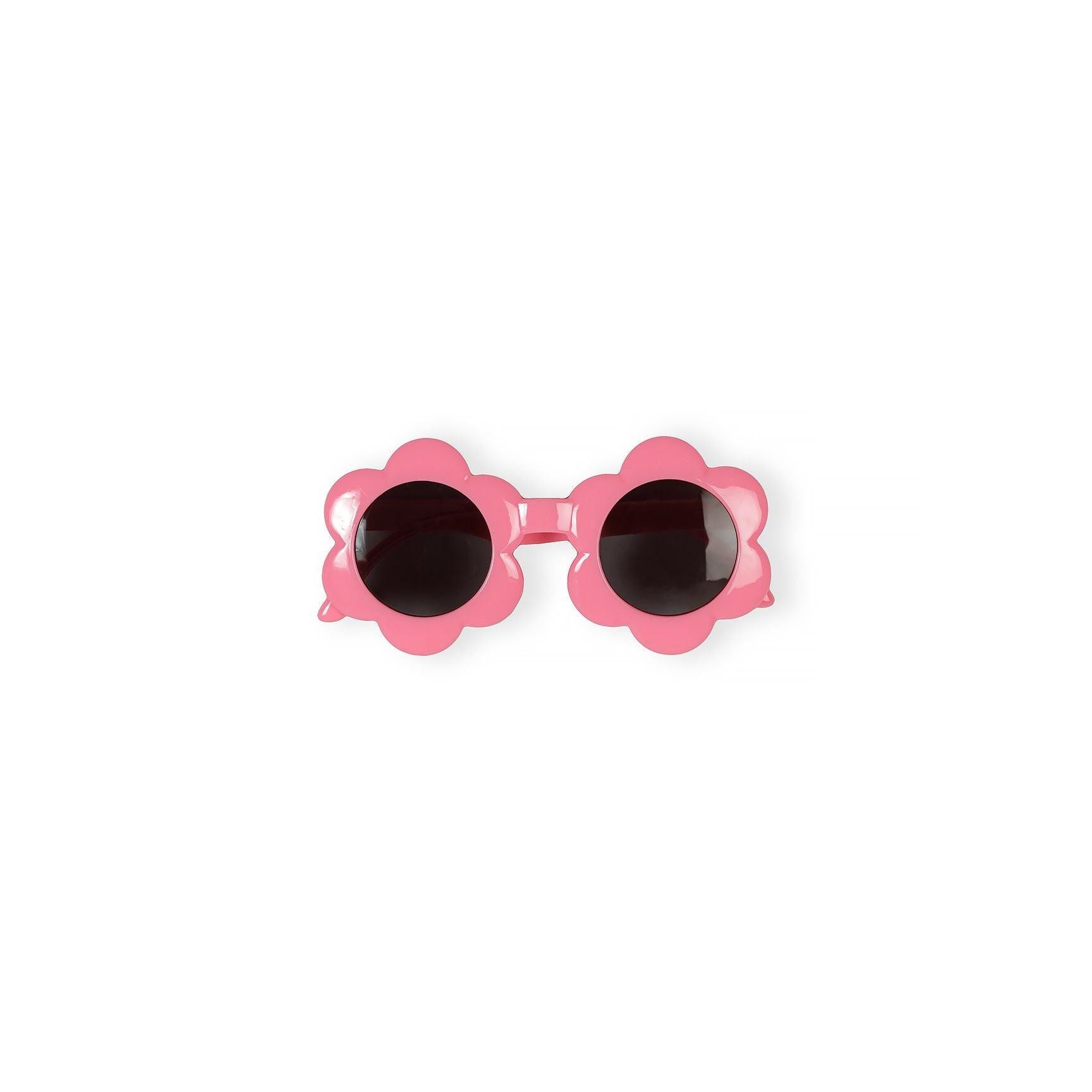 Close-up detail of pink floral-shaped children's sunglasses showing CE safety marking and comfortable design