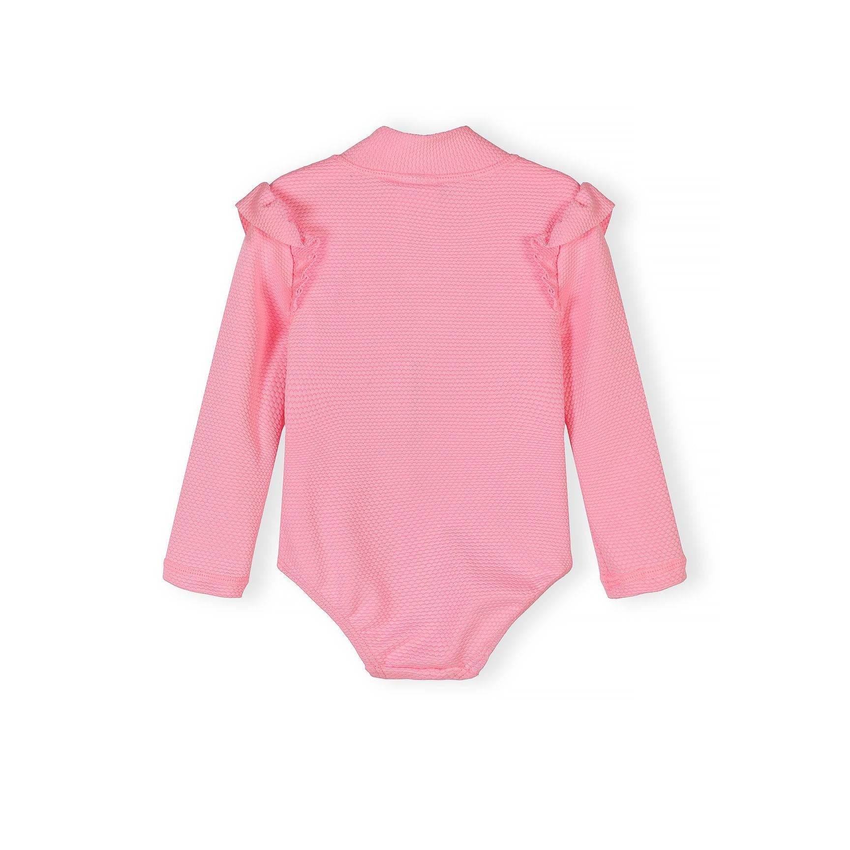 Back view of light pink textured swimsuit showing full coverage design with long sleeves and bodysuit bottom on white background