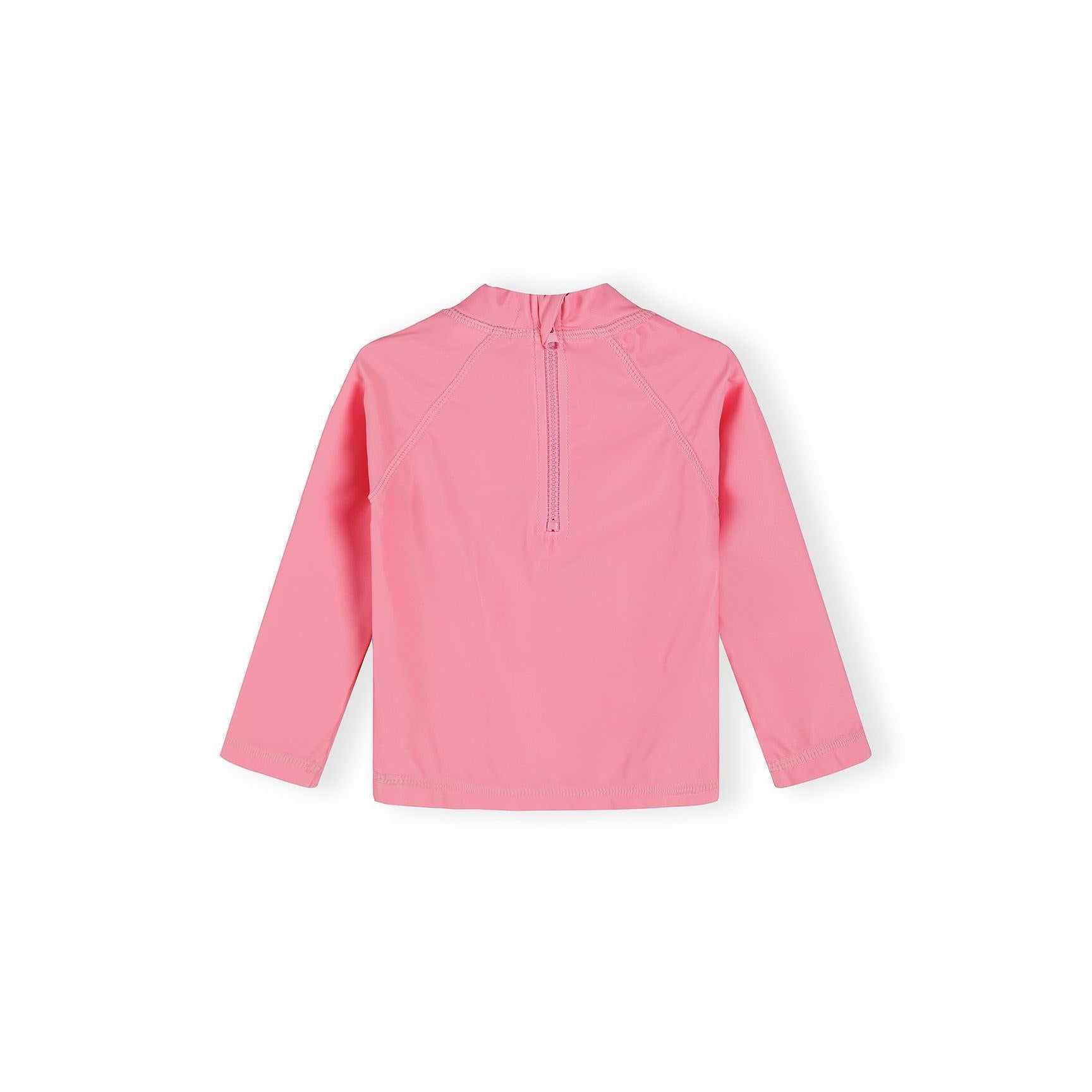 Detail shot of pink rash vest showing Sweet and Chill text with colorful ice cream cone graphics featuring glitter accents