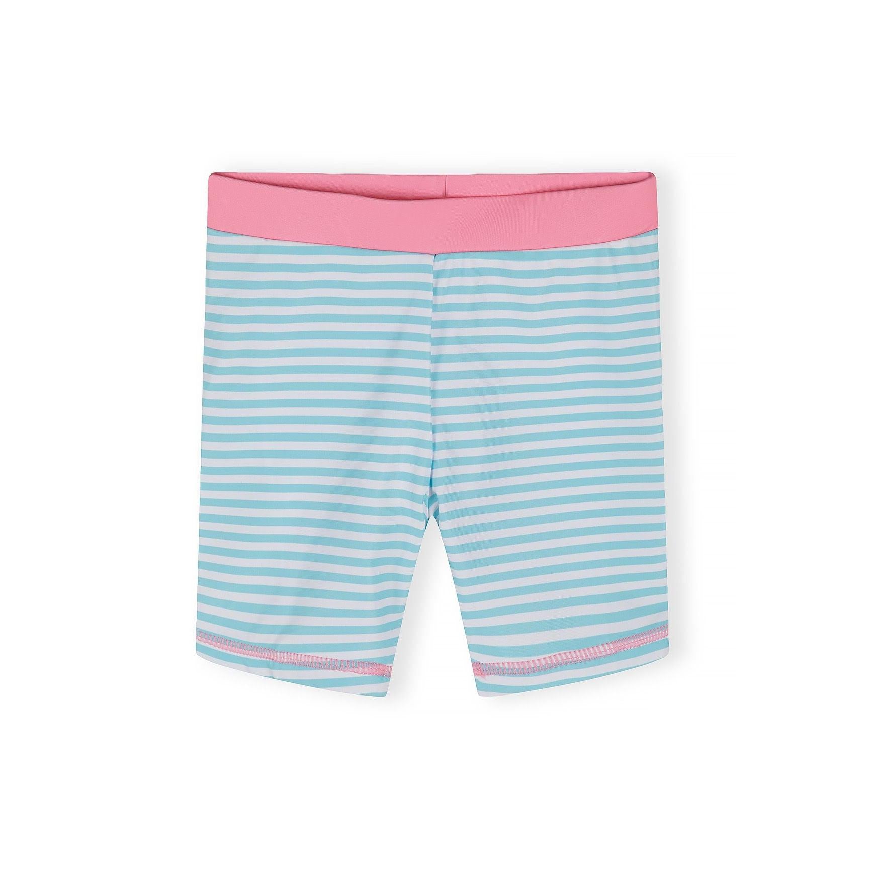 Close-up view of striped swim shorts in blue and white with pink waistband showing elastic construction