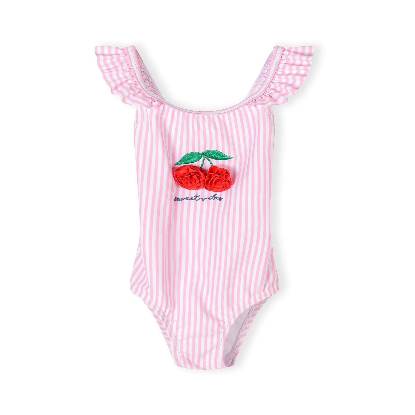 Pink striped swimsuit with 3D cherry appliqué and ruffle shoulder straps on white background, front view