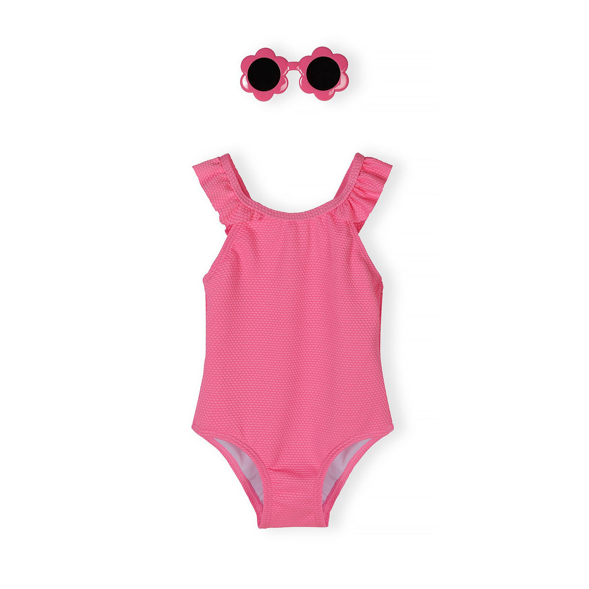 Girls' swimsuit and sunglasses set in bright pink — complete product view for square Shop card