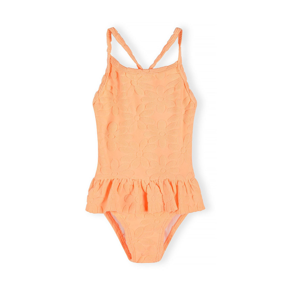 Girls' frill swimsuit in peach — complete product view for square Shop card