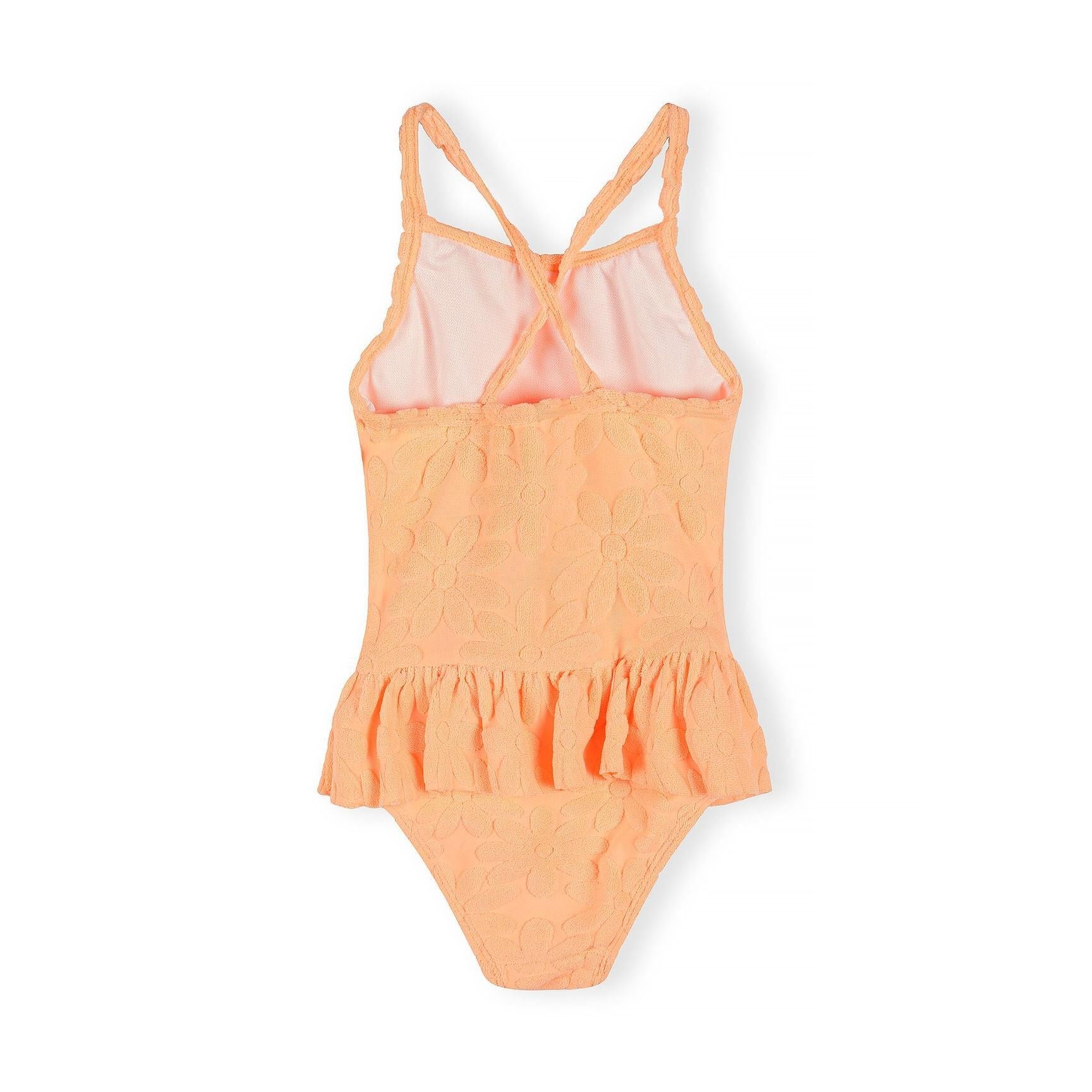 Back view of neon orange swimsuit showing cross-back straps and jacquard texture detail on white background