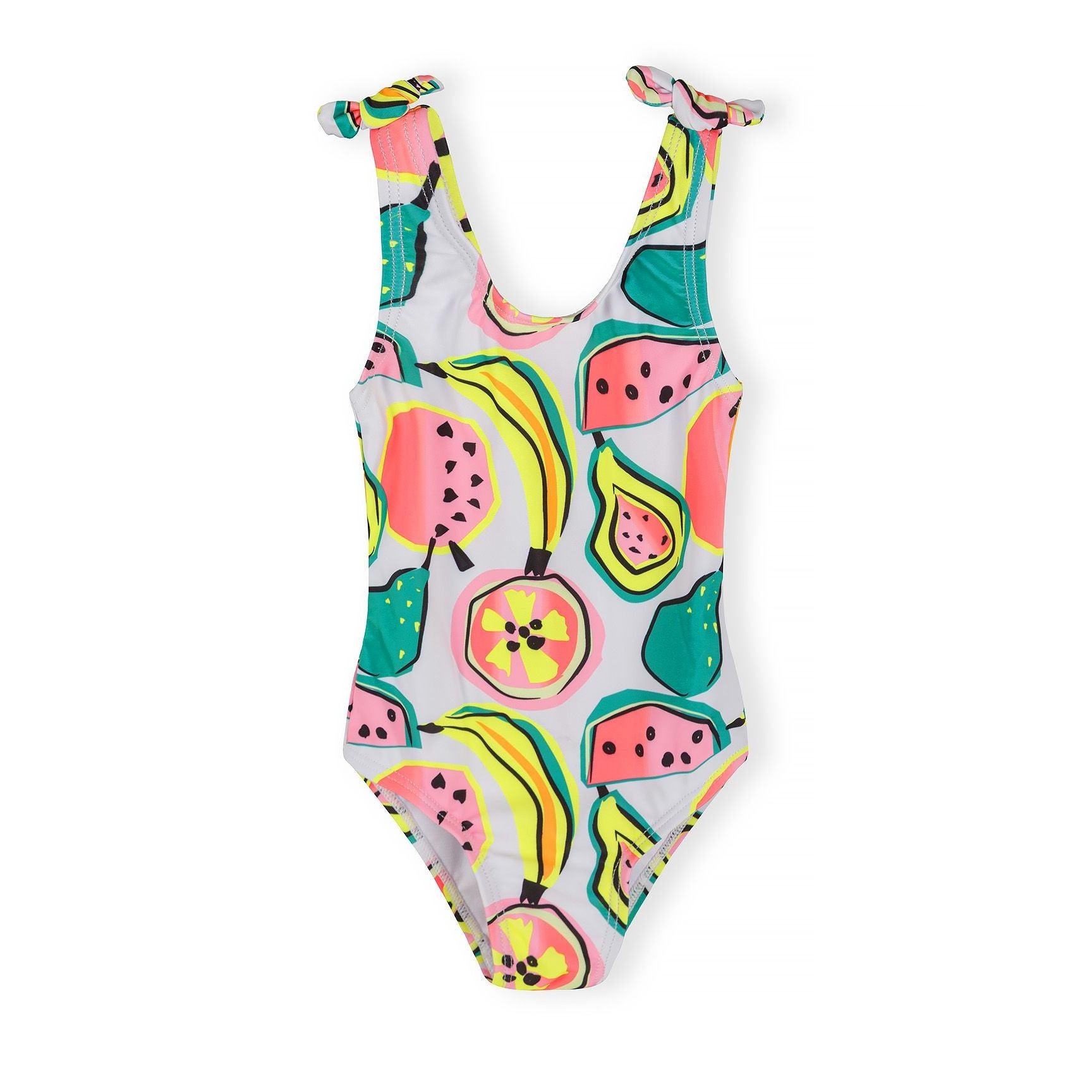 Detailed view of fruit print swimsuit showing watermelon slices with black seeds, yellow bananas, and pineapples on white background fabric